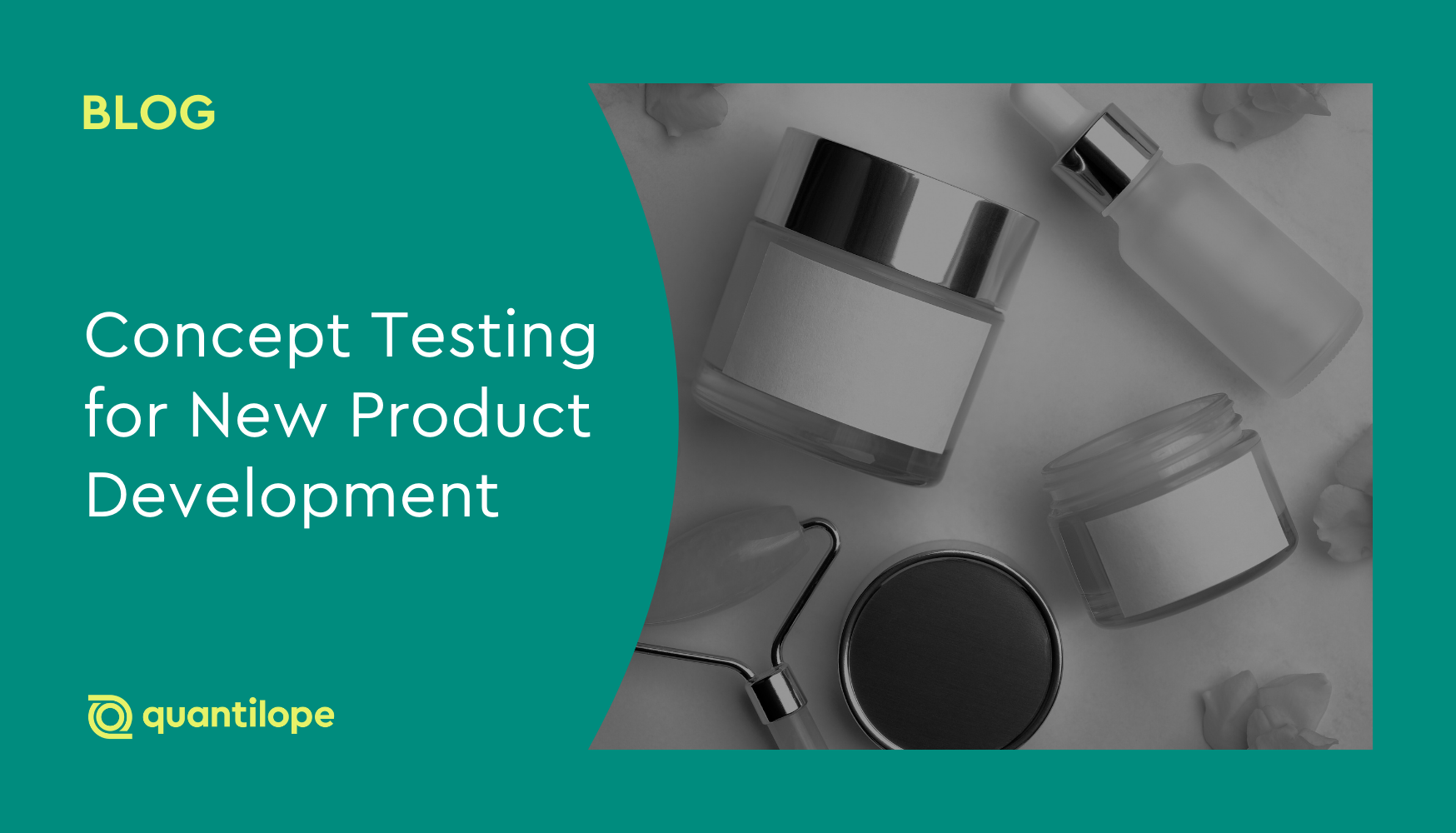 green background with black and white product jars and skincare tool